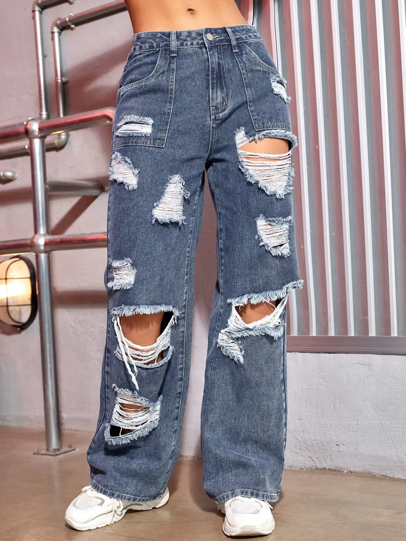 maoxiangshop Harajuku Women Fashion Cargo Jeans Street Ripped Details Straight Leg Denim Trousers Simple Casual Baggy Pants Mujer