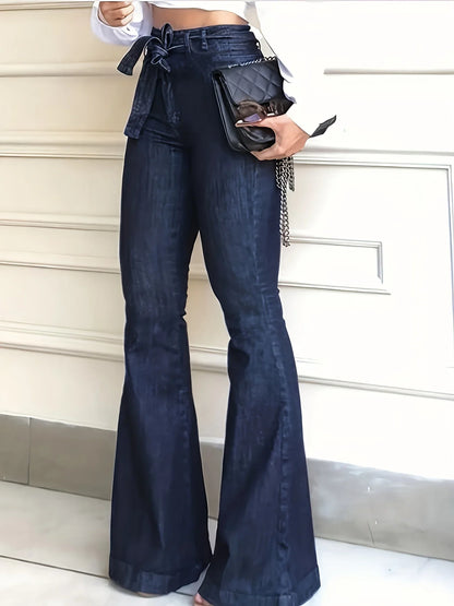 maoxiangshop Navy Blue Flared Jeans Autumn, High-Stretch With Waistband Bell Bottom Wide Legs Denim Pants, Women's Denim Jeans & Clothing