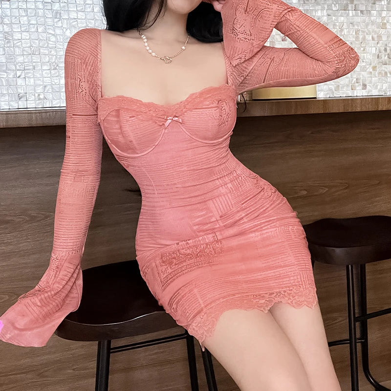 maoxiangshop New Sexy Backless Bandage Party Dress Women V Neck Long Sleeve Solid Skinny Pleated Casual Dress