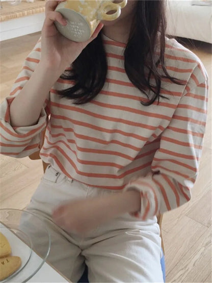 maoxiangshop New Bottoming Basic Korean Style Fashionable Striped Wild Lady Women's Autumn Winter T-shirt Pink Tops