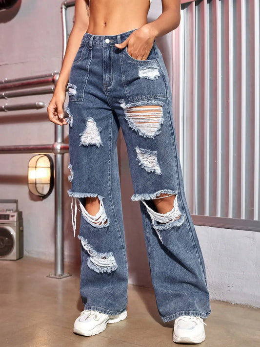 maoxiangshop Harajuku Women Fashion Cargo Jeans Street Ripped Details Straight Leg Denim Trousers Simple Casual Baggy Pants Mujer