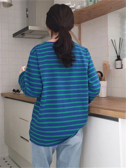 maoxiangshop New Bottoming Basic Korean Style Fashionable Striped Wild Lady Women's Autumn Winter T-shirt Pink Tops