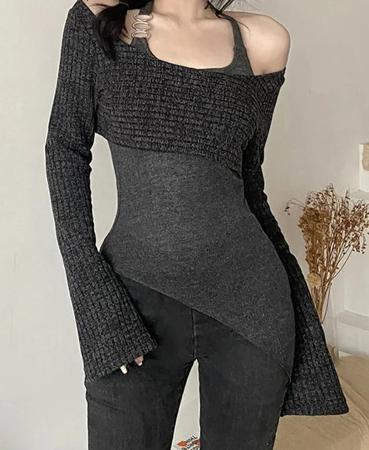 Acubi Style Ribbed Off Shoulder Covers and Bandage Long Halter Tops Korean Fashion Basic 2 Piece T-shirts Slim Y2k Cloth