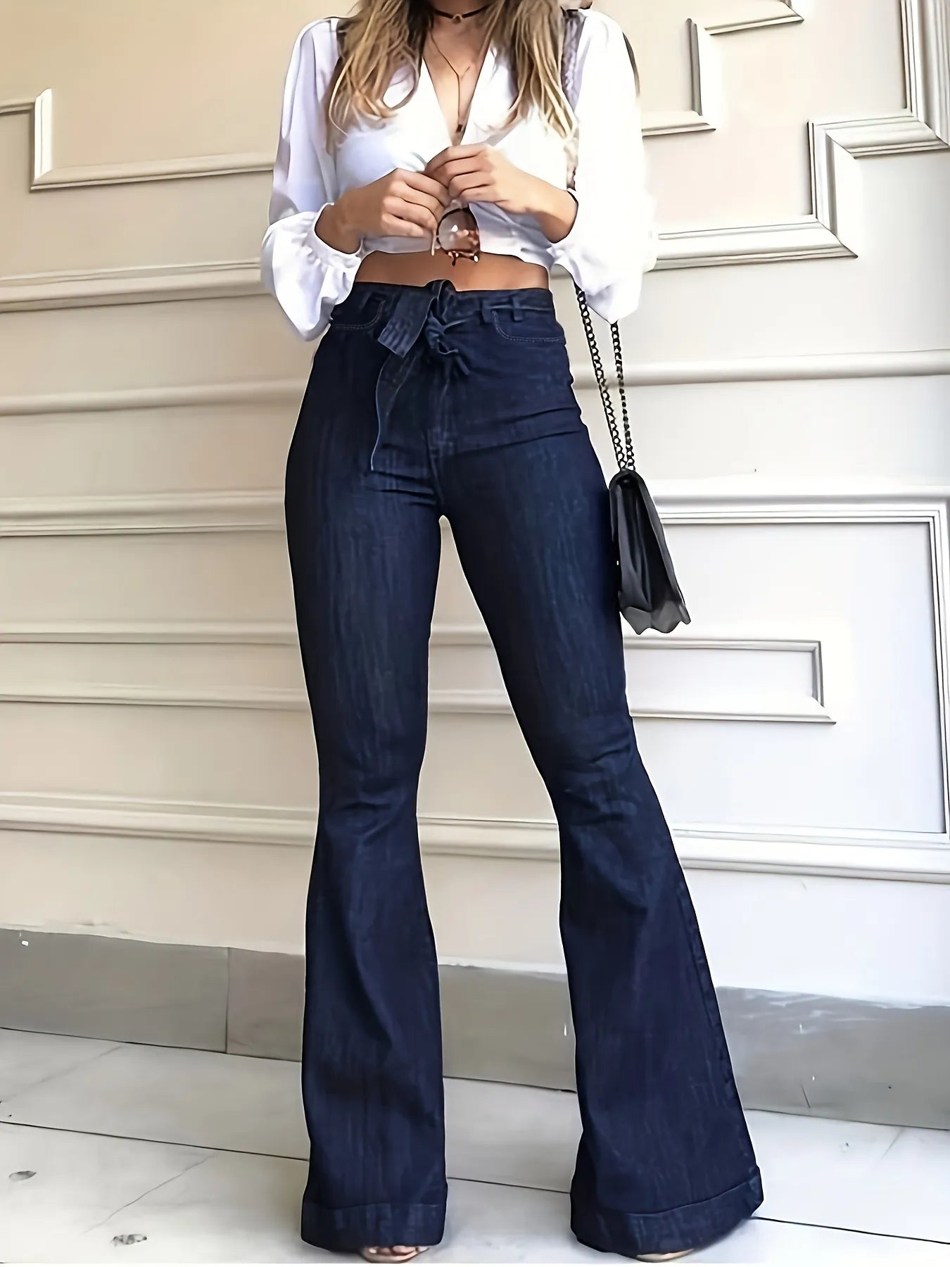 maoxiangshop Navy Blue Flared Jeans Autumn, High-Stretch With Waistband Bell Bottom Wide Legs Denim Pants, Women's Denim Jeans & Clothing