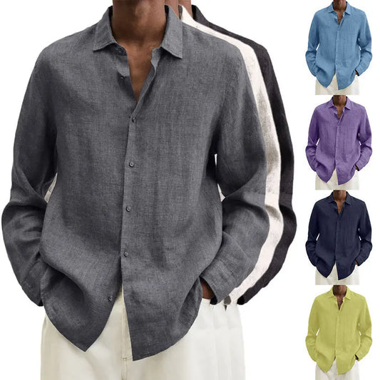 maoxiangshop Spring Men's Casual Shirts Fashion Business Office Loose Lapel Long Sleeve Tops Beach Vintage Solid Color Button Clothing
