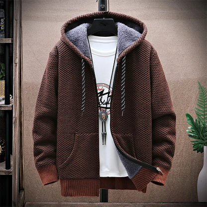 maoxiangshop Winter Fleece Sweatercoat Men Thick Warm Hooded Kintted Mens Sweater Cardigan Solid Casual Knitting Jacket Coat Male Clothing