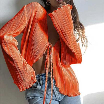 maoxiangshop1 wsevypo Women Pleated Plain Shirts Spring Fall Chic Long Flare Sleeve V- Neck Tie Up Cardigans Tops for Casual Party Street