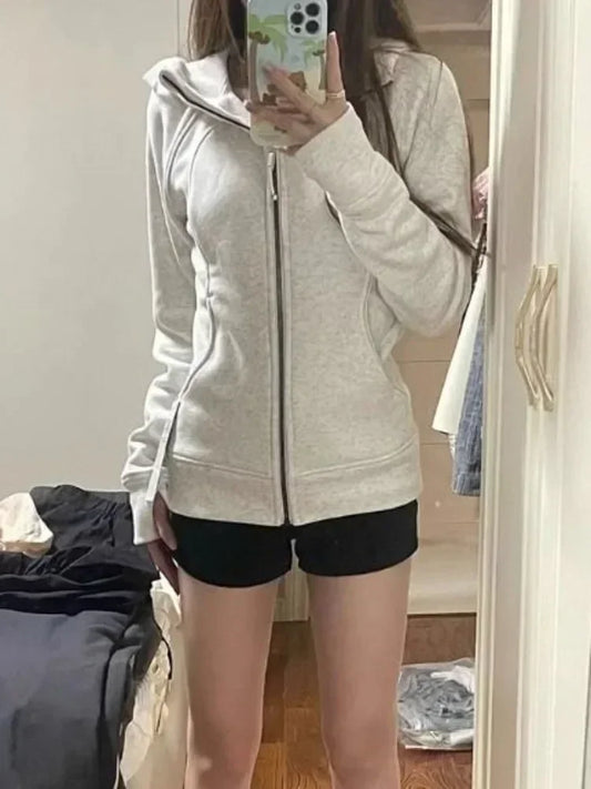 maoxiangshop American Vintage Cropped Hoodies Women Korean Style Streetwear Grey Zip Up Hooded Sweatshirt Casual Y2k Slim Hood Shirt