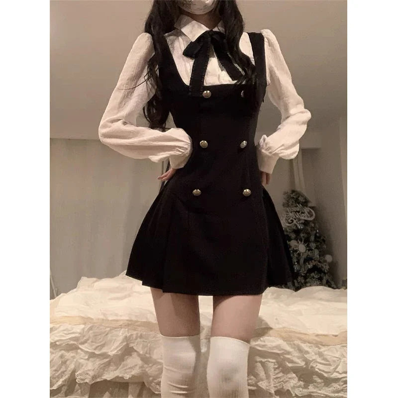 Autumn Fake Two Dress Women Slim Chic Long Sleeve Bow Casual Y2k Mini Dress Female Korean Fashion Elegant Short Party Dress