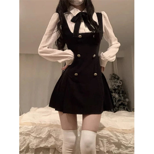Autumn Fake Two Dress Women Slim Chic Long Sleeve Bow Casual Y2k Mini Dress Female Korean Fashion Elegant Short Party Dress