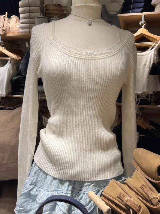 Basic Ribbed Crop Top for Women Solid Sexy U Neck Slim Cotton Long Sleeve Pullover Female Autumn Sweet Knitted Sweater Tops