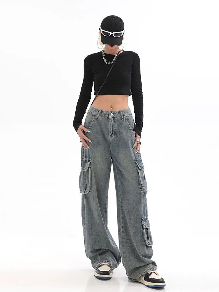 maoxiangshopBlue Cargo Pants Women Casual Hippie Denim Trousers Baggy Low Waist Mom Jeans Women Vintage Y2k 90s Grunge Streetwear Tide