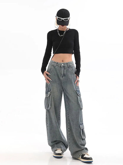 maoxiangshopBlue Cargo Pants Women Casual Hippie Denim Trousers Baggy Low Waist Mom Jeans Women Vintage Y2k 90s Grunge Streetwear Tide