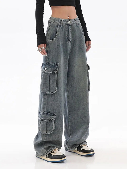 maoxiangshopBlue Cargo Pants Women Casual Hippie Denim Trousers Baggy Low Waist Mom Jeans Women Vintage Y2k 90s Grunge Streetwear Tide