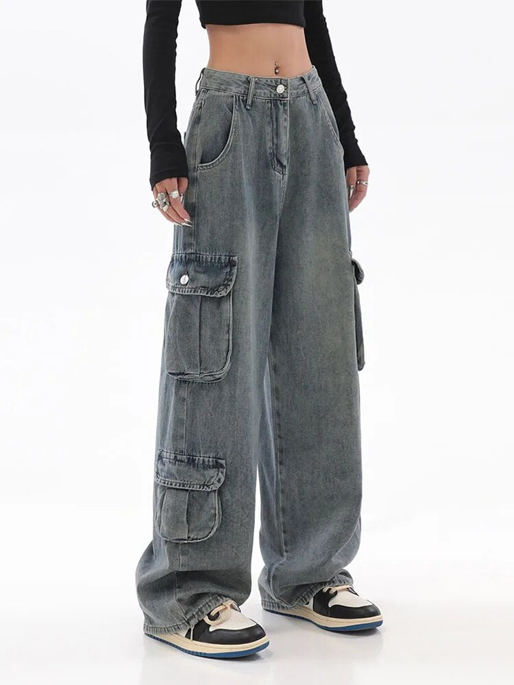 maoxiangshopBlue Cargo Pants Women Casual Hippie Denim Trousers Baggy Low Waist Mom Jeans Women Vintage Y2k 90s Grunge Streetwear Tide