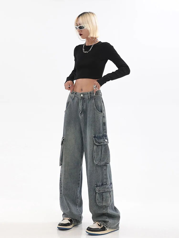 maoxiangshopBlue Cargo Pants Women Casual Hippie Denim Trousers Baggy Low Waist Mom Jeans Women Vintage Y2k 90s Grunge Streetwear Tide