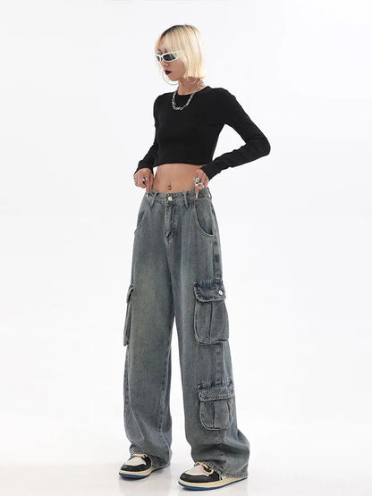 maoxiangshopBlue Cargo Pants Women Casual Hippie Denim Trousers Baggy Low Waist Mom Jeans Women Vintage Y2k 90s Grunge Streetwear Tide