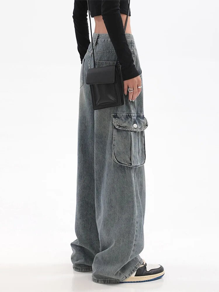maoxiangshopBlue Cargo Pants Women Casual Hippie Denim Trousers Baggy Low Waist Mom Jeans Women Vintage Y2k 90s Grunge Streetwear Tide
