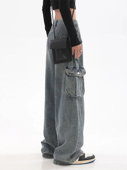 maoxiangshopBlue Cargo Pants Women Casual Hippie Denim Trousers Baggy Low Waist Mom Jeans Women Vintage Y2k 90s Grunge Streetwear Tide