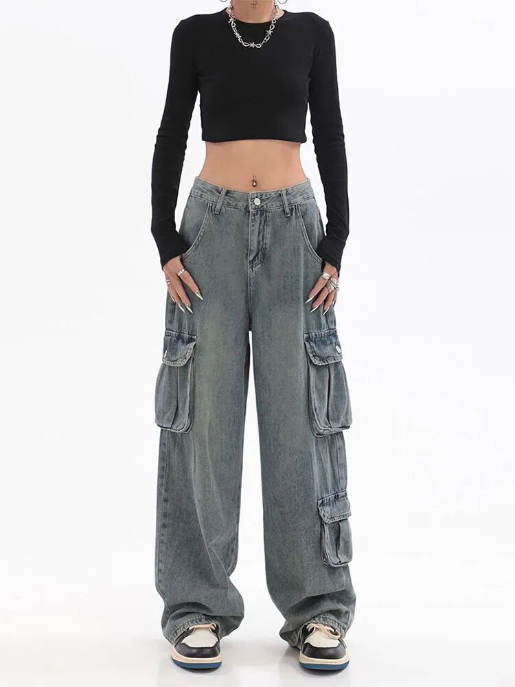 maoxiangshopBlue Cargo Pants Women Casual Hippie Denim Trousers Baggy Low Waist Mom Jeans Women Vintage Y2k 90s Grunge Streetwear Tide