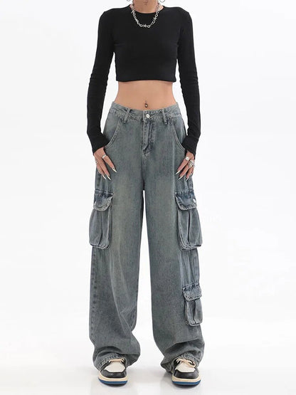 maoxiangshopBlue Cargo Pants Women Casual Hippie Denim Trousers Baggy Low Waist Mom Jeans Women Vintage Y2k 90s Grunge Streetwear Tide