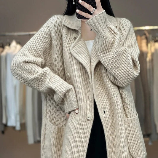 maoxiangshopCasual Knitted Cardigan Oversize Single Breasted Sweaters Korean Woman Knitwear Tops Thick Coat Elegant Suit Collar Sweater Coat