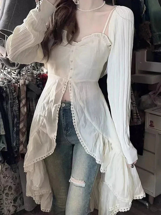 Chiffon Fashion Outfits 2 Piece Skirt Set  Sexy Strap Dress + Beige Long Tops Ruched Mori Girl Simple Summer Korean Fashion