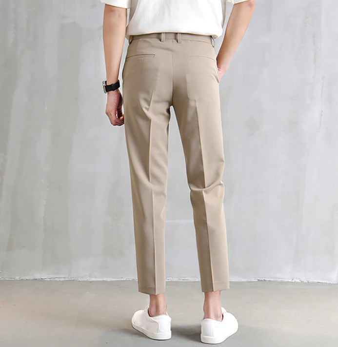 maoxiangshop Men's Suit Pants Fashion Slim-Fit Straight Trousers Business Casual Ninth Pants With Pockets Pure Black Khaki Grey Suit Pants