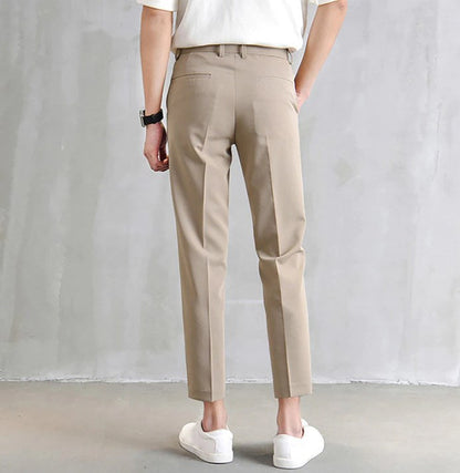 maoxiangshop Men's Suit Pants Fashion Slim-Fit Straight Trousers Business Casual Ninth Pants With Pockets Pure Black Khaki Grey Suit Pants