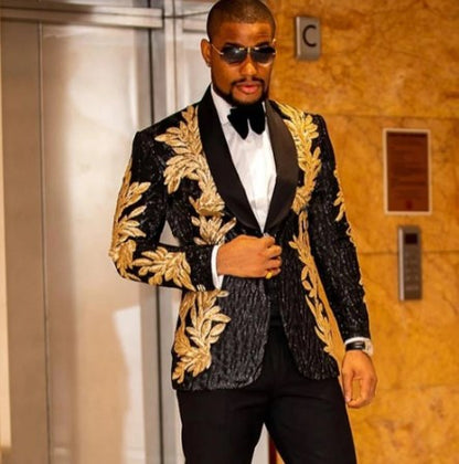 maoxiangshop Slim Fit terno masculino Shiny Sequins Gold Applique Suits Men Prom Tuxedos Grooms Set 2 Pieces(Blazer+Pants) Costume Homme