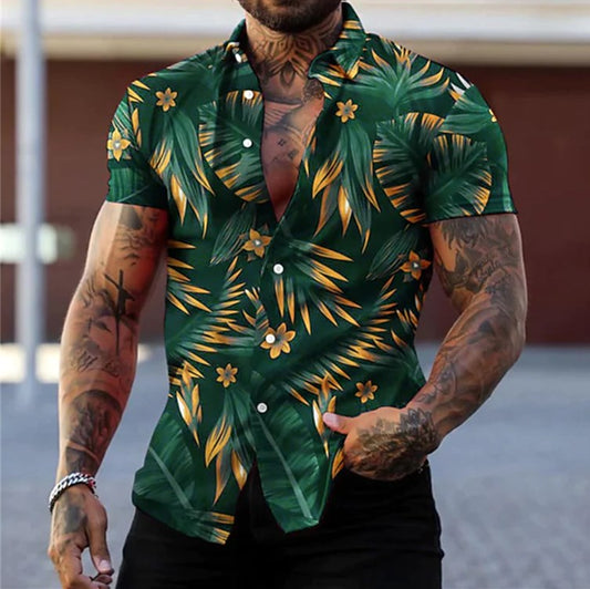 maoxiangshop Hot Sale Men's Hawaii Shirt casual slim Turn-down Collar Short Sleeve Shirt Casual brand printed monogram shirt