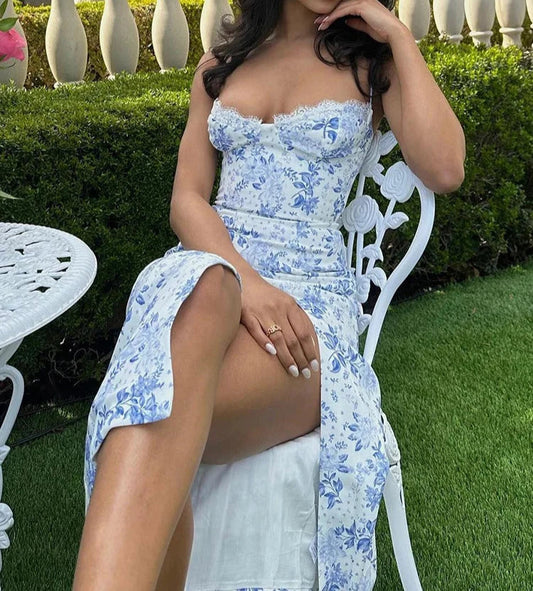 Elegant Y2K Clothes Floral Print Sleeveless Backless Side Slit Bodycon Midi Dresses For Women Club Party Birthday
