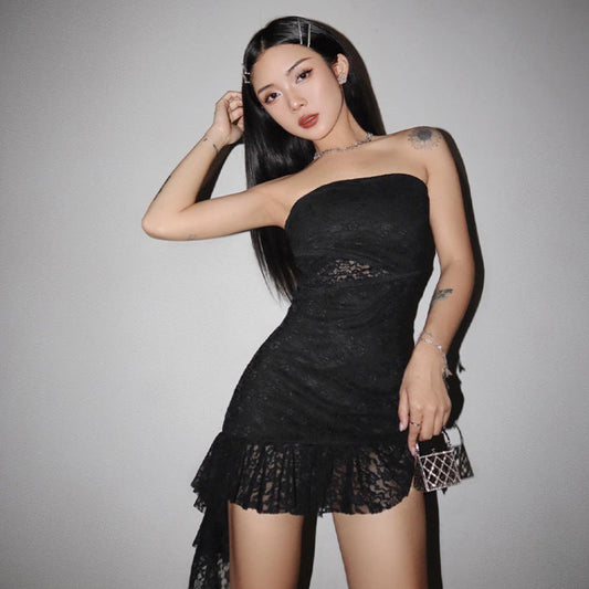 European and American women's clothing summer new fashion solid color temperament tube top hollow ribbon pleated short dress female