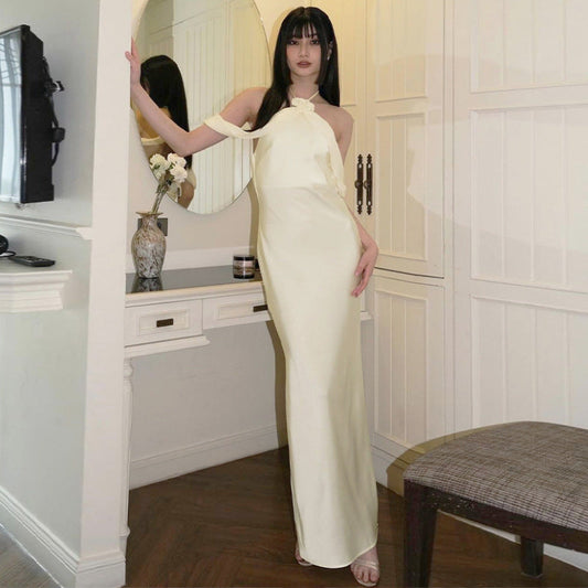 European and American women's clothing summer new style Western temperament halter neck dress sexy backless slim temperament glossy dress female