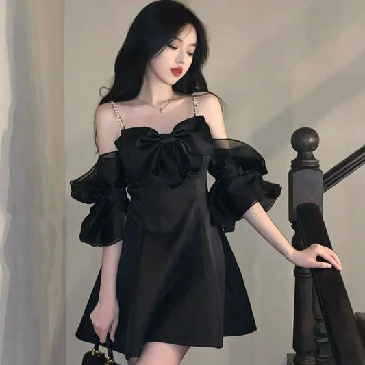 Fairycore Korean Style Black Cabaret Dress Women Y2k Off Shoulder Mini Party Dresses Cute One Piece Tunic Mesh Vestidos