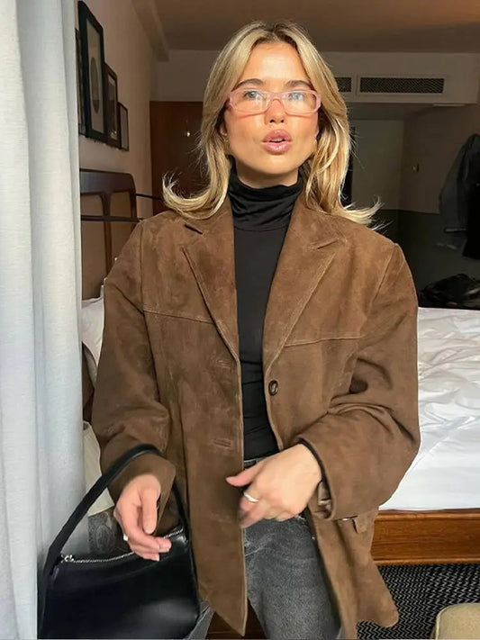 Fashion Brown Lapel With Pocket Jacket Woman Casual Single Breasted Long Sleeve Short Coat Lady Autumn High Street Outwear