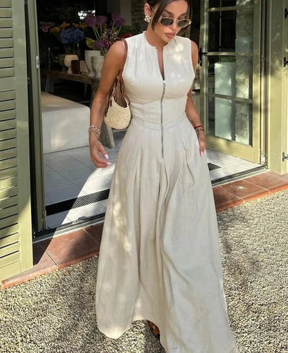 Fashion Sleeveless Spliced Zipper Maxi Dress Elegant V-neck High Waist Slim Pleated Long Dresses Summer Office Lady Street Robes