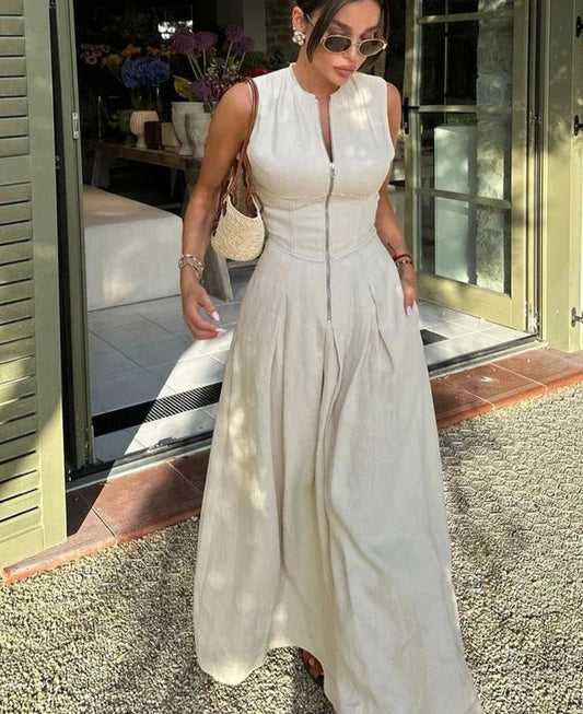 Fashion Sleeveless Spliced Zipper Maxi Dress Elegant V-neck High Waist Slim Pleated Long Dresses Summer Office Lady Street Robes
