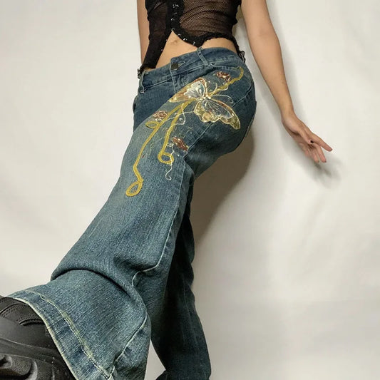 Fashion Y2k Pants Cyber Y2k Jeans Emo High Street Spice Retro Butterfly Print Grunge Fairy Jeans Alt Cloth Harajuku Mom Jeans