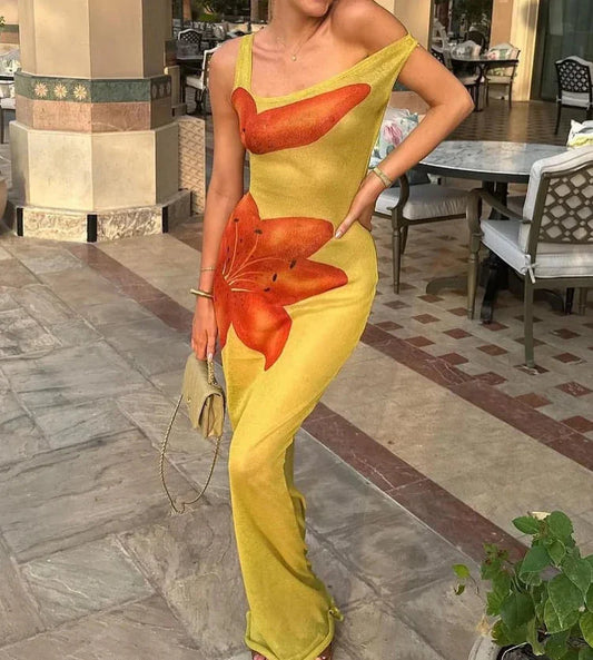 Flower Printed See Through Sleeveless Dress Women Fashion Diagonal Collar Long Robes Summer Female Beach Holiday Dresses