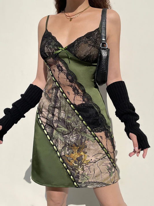 Forest Green Fairycore Plant Print Patchwork Lace Trim Slip Short Dress Women Summer Vacation Clothing