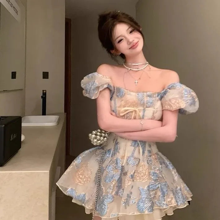 French Style Jacquard One Shoulder Puff Sleeve Dress For Women Summer Fashion Elegant Party Dress A-line Tutu Short Dresses