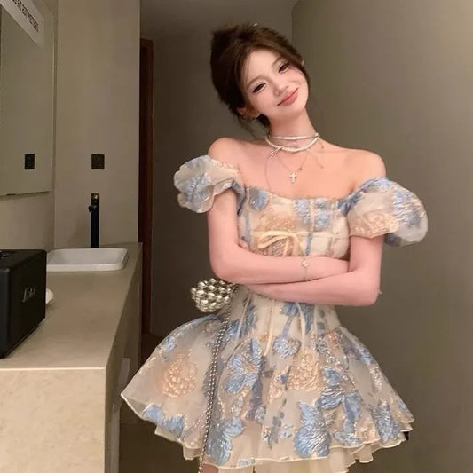 French Style Jacquard One Shoulder Puff Sleeve Dress For Women Summer Fashion Elegant Party Dress A-line Tutu Short Dresses
