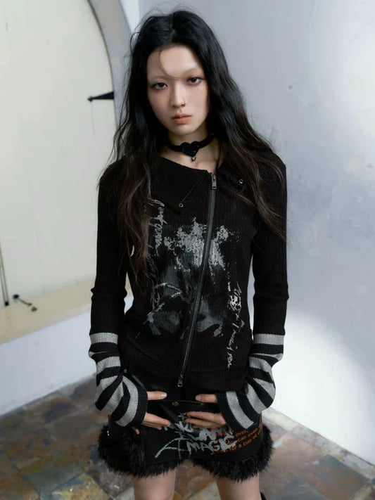 maoxiangshop Gothic Vintage Punk Hoodie Women American Retro Grunge Y2k Graphic Striped Patchwork Zipper Tees Tops Spring Chic