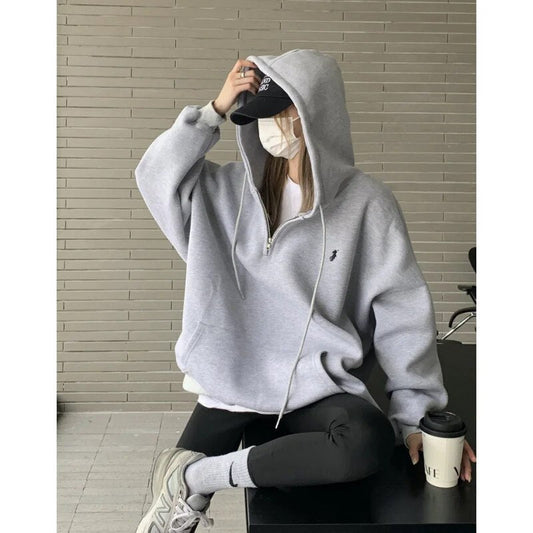 maoxiangshop maoxiangshopGrey Women Sweatshirt Hoodie Vintage Solid Long Sleeve Korean Fashion Zipper Casual Y2K Autumn NEW Female Black Pullover Tops