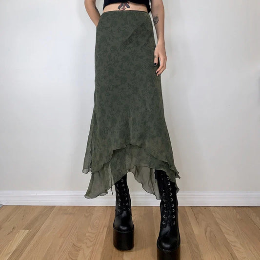 Grunge Green Irregular Midi Skirts 2000s Retro Elegant Lady High Waist Ruffles Chiffon Skirt Women Vintage Streetwear