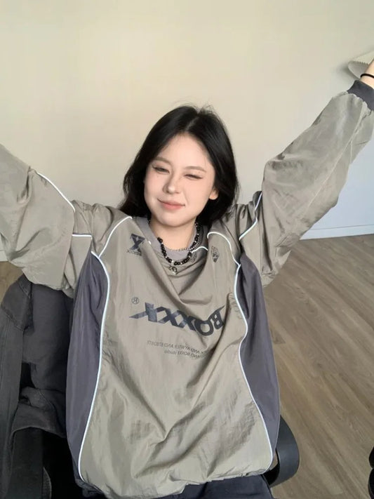 maoxiangshop Grunge Vintage Patchwork Hoodies Women American Retro All-match Streetwear Letter Print Oversized Pullovers Spring