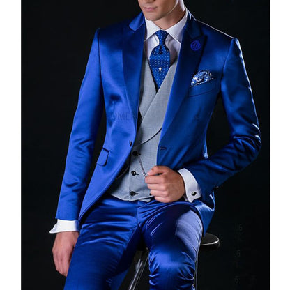 maoxiangshop Royal Blue Satin Men Suits for Wedding with Gray Waistcoat Slim Fit Groom Tuxedos Male Fashion 3 Pieces (Jacket+vest+Pants)