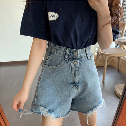 maoxiangshop Denim Shorts Women Pockets Teens Streetwear Korean Vintage High Waisted Ins Ladies Trouser Summer Chic Stylish All-match Simple