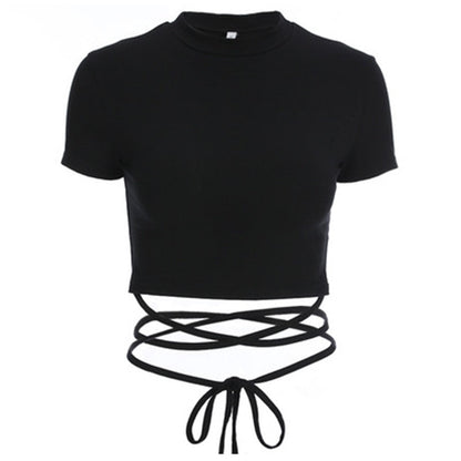 Summer Women Black Short T-Shirts Sexy Crop Tops Short Sleeve Bandage Tee Tops Female Shirts